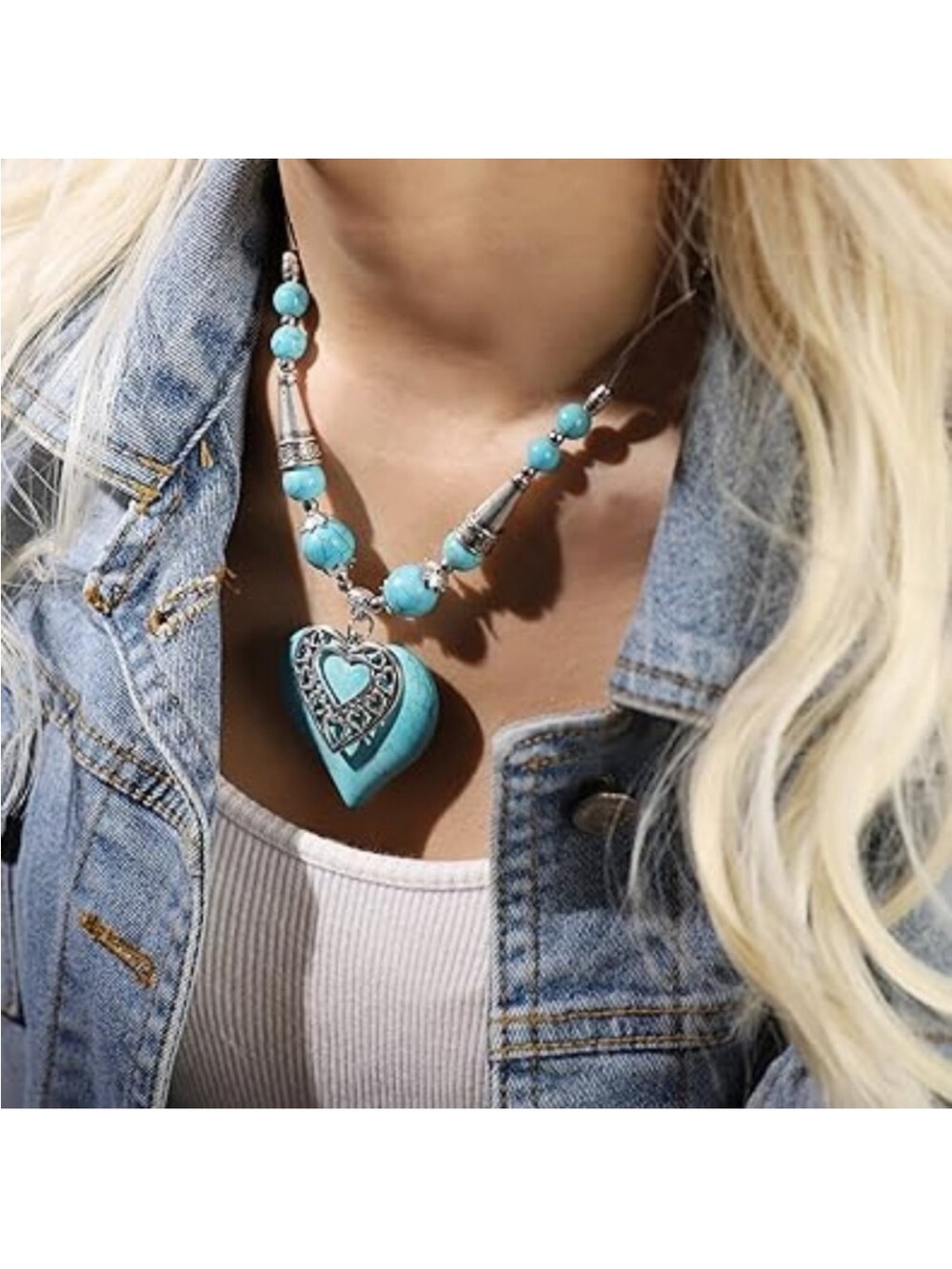 Boho Turquoise Chunky Heart Necklace Bohemian Summer Beach Ocean Fashion Jewelry